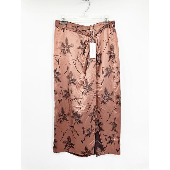 Vince Iris Floral Jacquard Twist Knot Brown Satin Midi Skirt Size 6 NWT - Picture 3 of 6